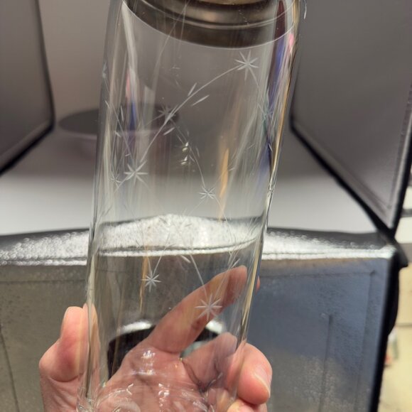 Vintage Mid Century Modern Etched Glass Cocktail Shaker Chrome Lid 10.5” MCM - Picture 2 of 16